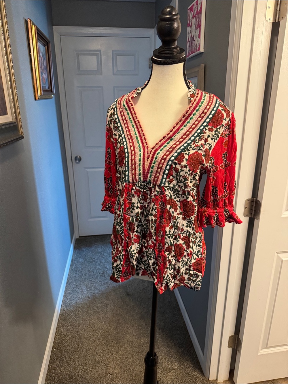 Red Floral V-Neck Boho Tunic with Embroidered Trim